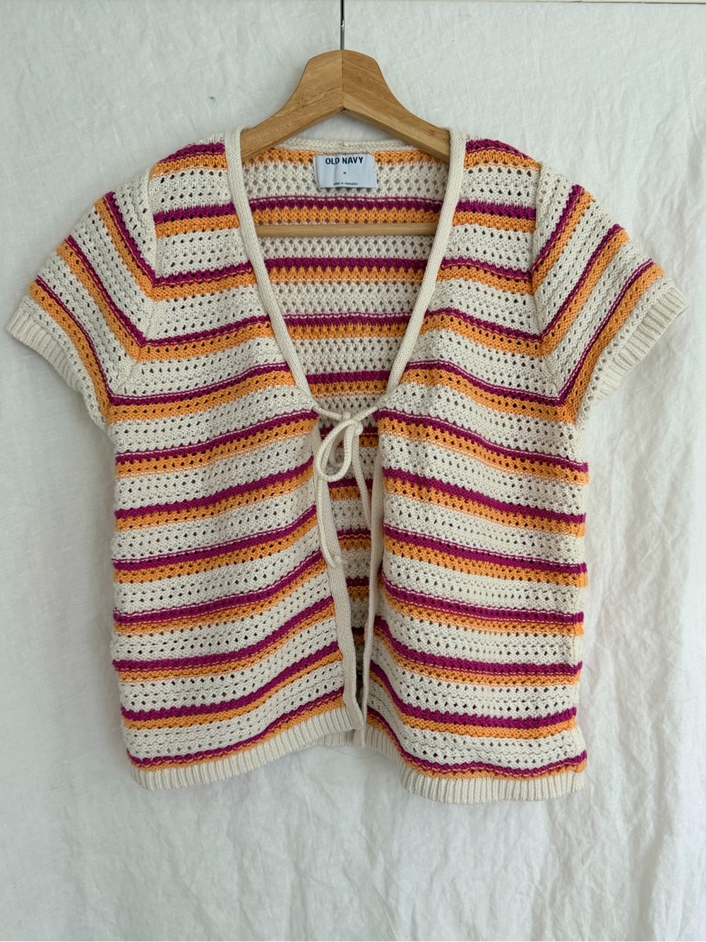 Old Navy Womens Crochet Knit Striped Tie Front Top Short Sleeve Medium NEW